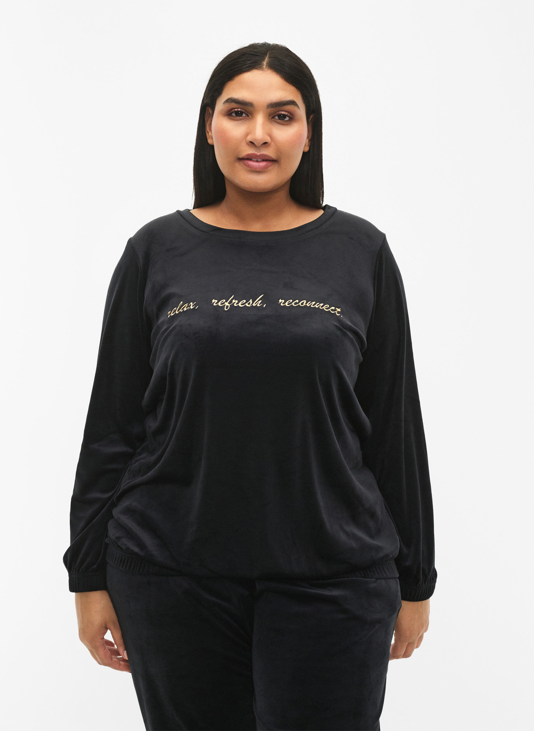 Zizzi Blouse en velours avec texte brod&eacute;, Black, Model image number 0