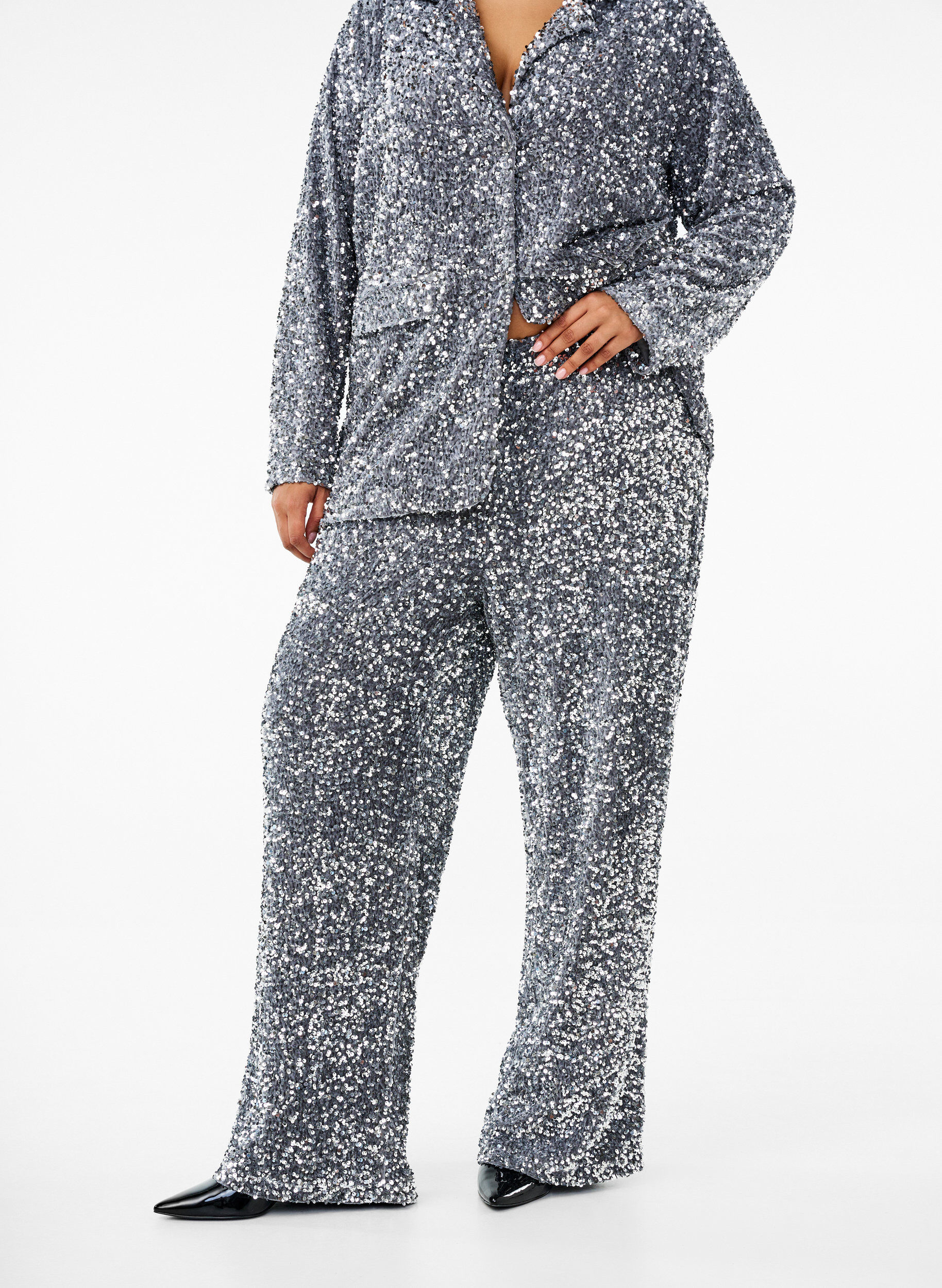 ZizziLosse paillettenbroek met hoge taille, Silver, Model image number 2