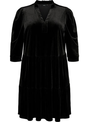 Velour jurk met ruches en driekwart mouwen, Black, Packshot image number 0