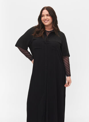 Robe chemise à manches courtes en viscose, Black, Model image number 2