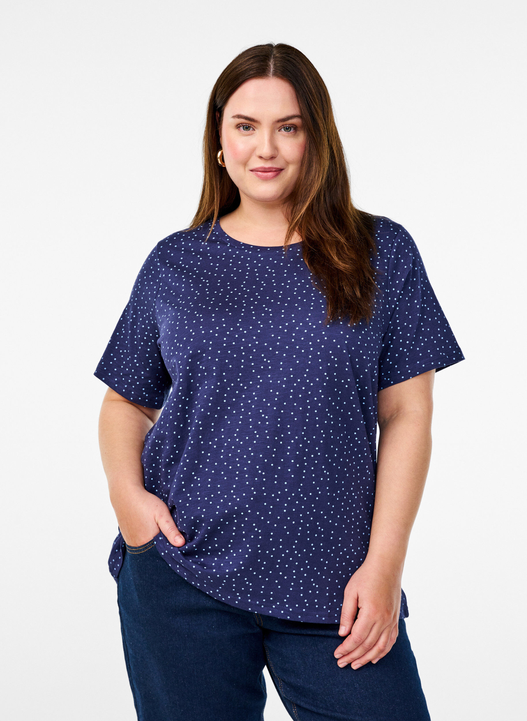 ZizziOrganisch katoen T-shirt met stippen, Blauw, Model image number 0