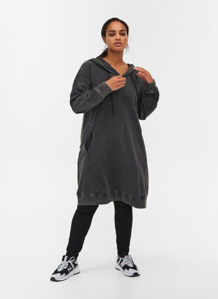 Robe sweat-shirt ample à capuche en coton avec poches, DARK GREY WASHED, Model image number 2