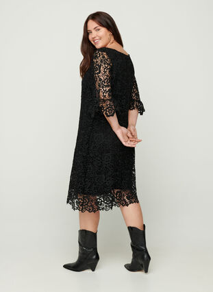 Kanten jurk met 3/4 mouwen, Black, Model image number 0