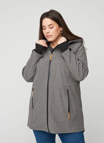 Veste softshell avec capuche et poches, Medium Grey Melange, Model image number 0