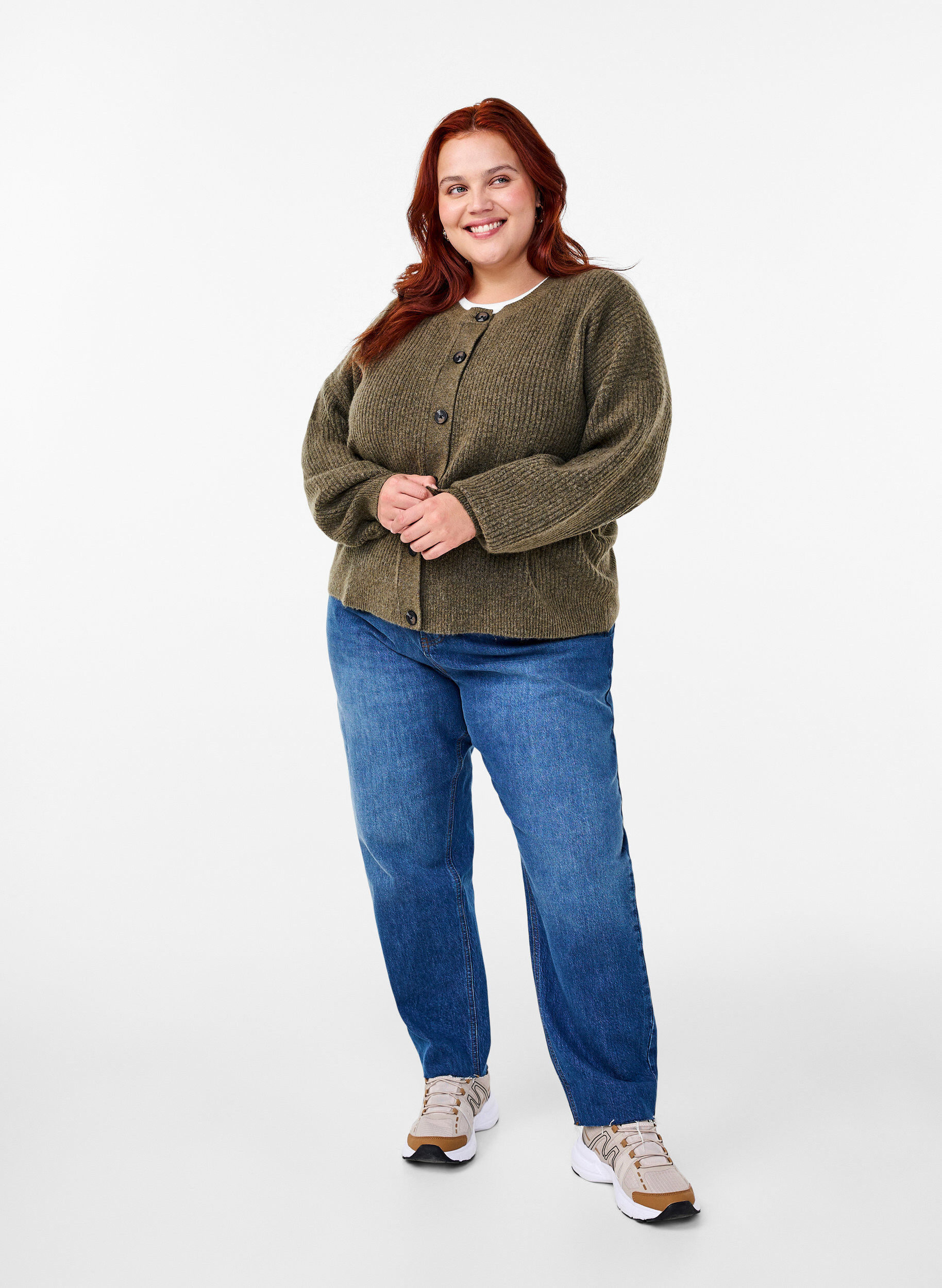 ZizziVest van ribtricot met knopen, Groen, Model image number 1