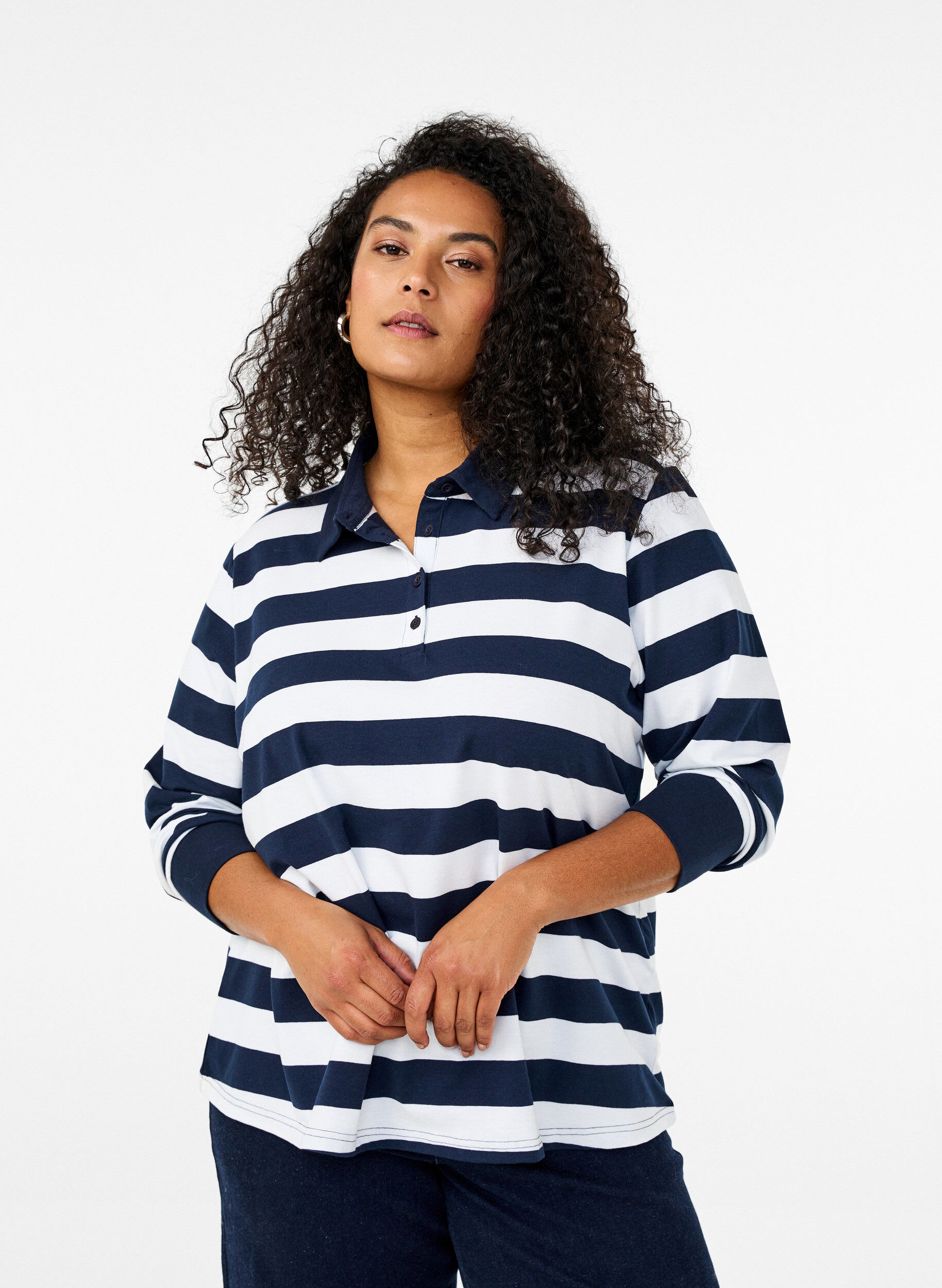 ZizziPolo shirt met lange mouwen en strepen, Blauw, Model image number 0