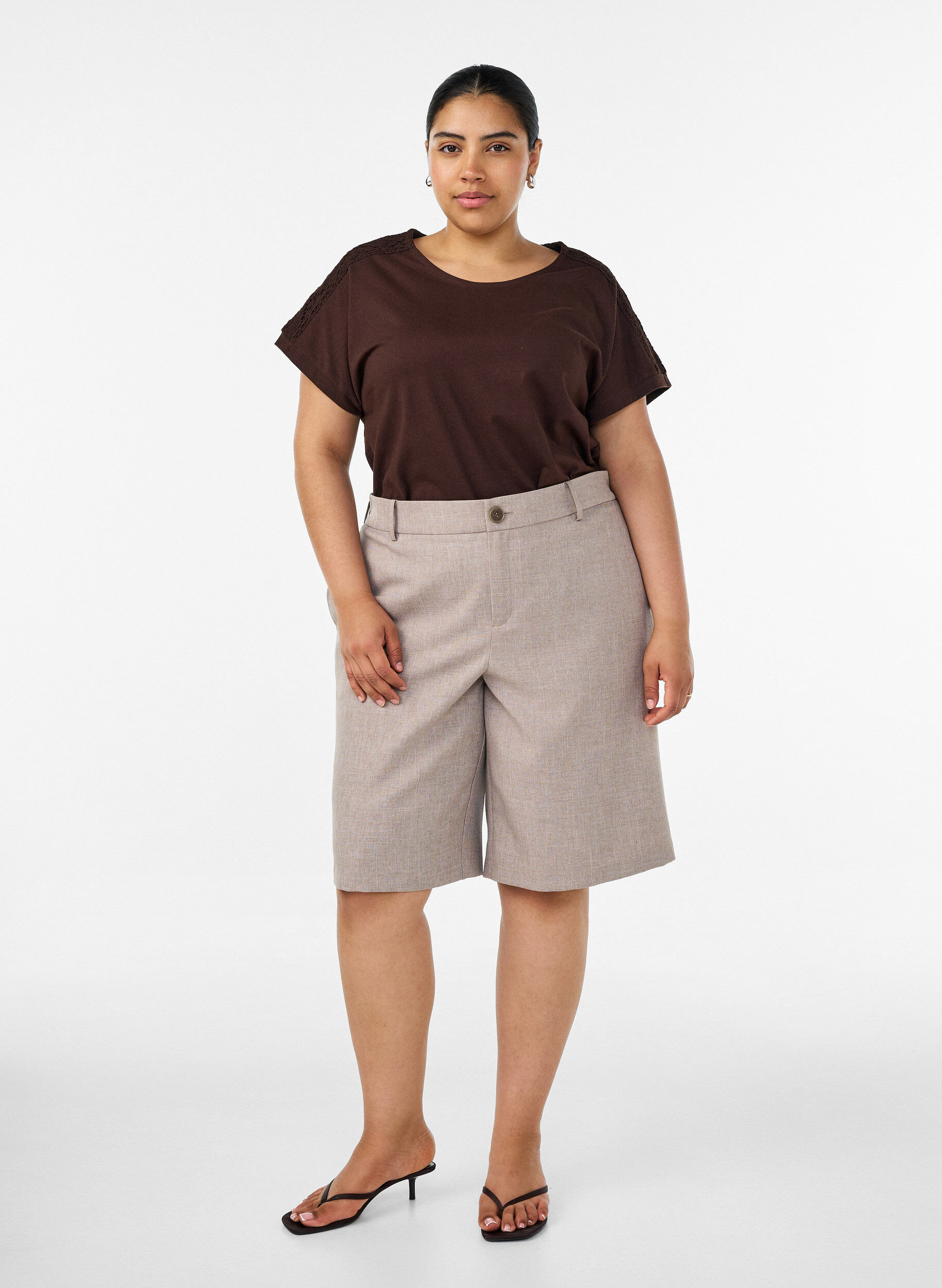 ZizziT-shirt en coton avec d&eacute;tails en crochet, Marron, Model image number 1
