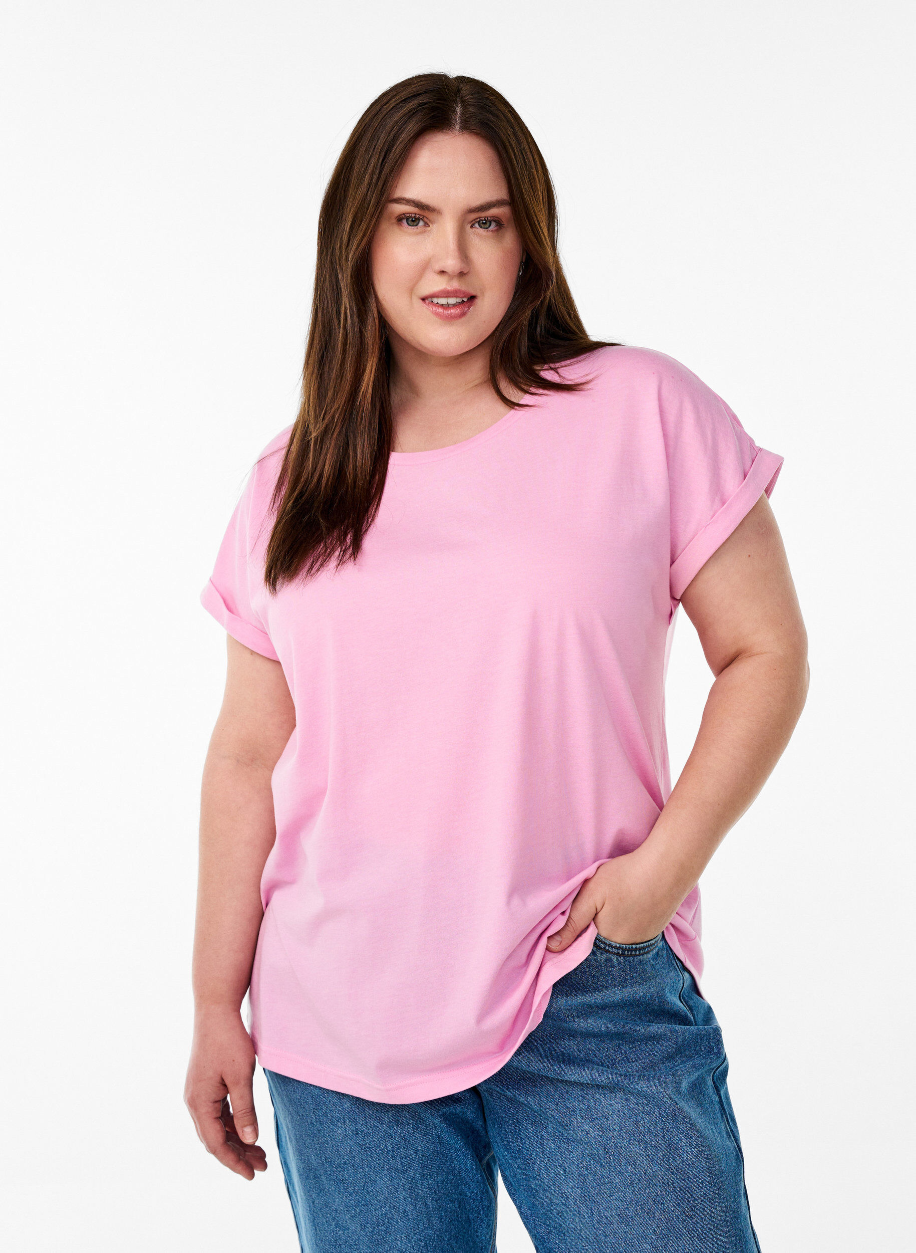 T-shirt met korte mouwen van katoenmix, Roze, Model