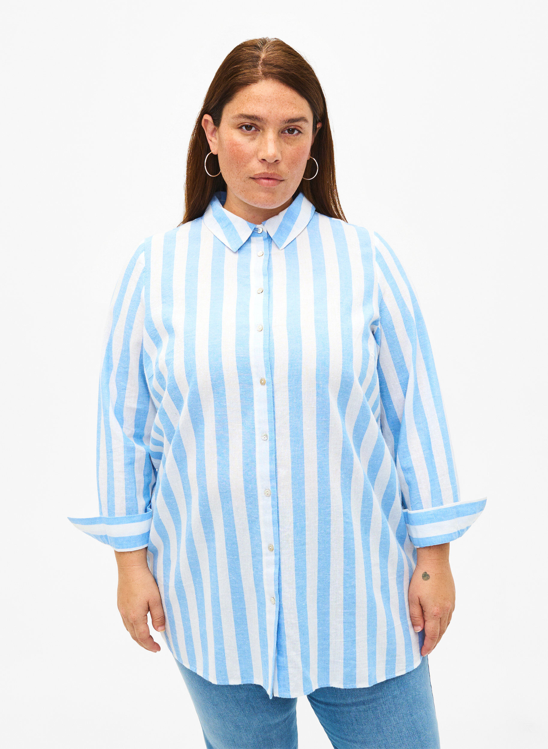 ZizziLang shirt van linnen en katoen, Blue White Stripe, Model image number 0