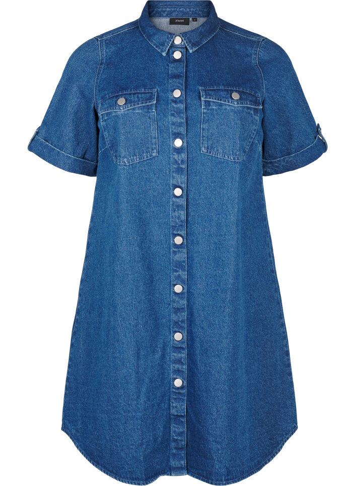 Robe en denim avec manches courtes et boutons, Bleu, Packshot image number 0