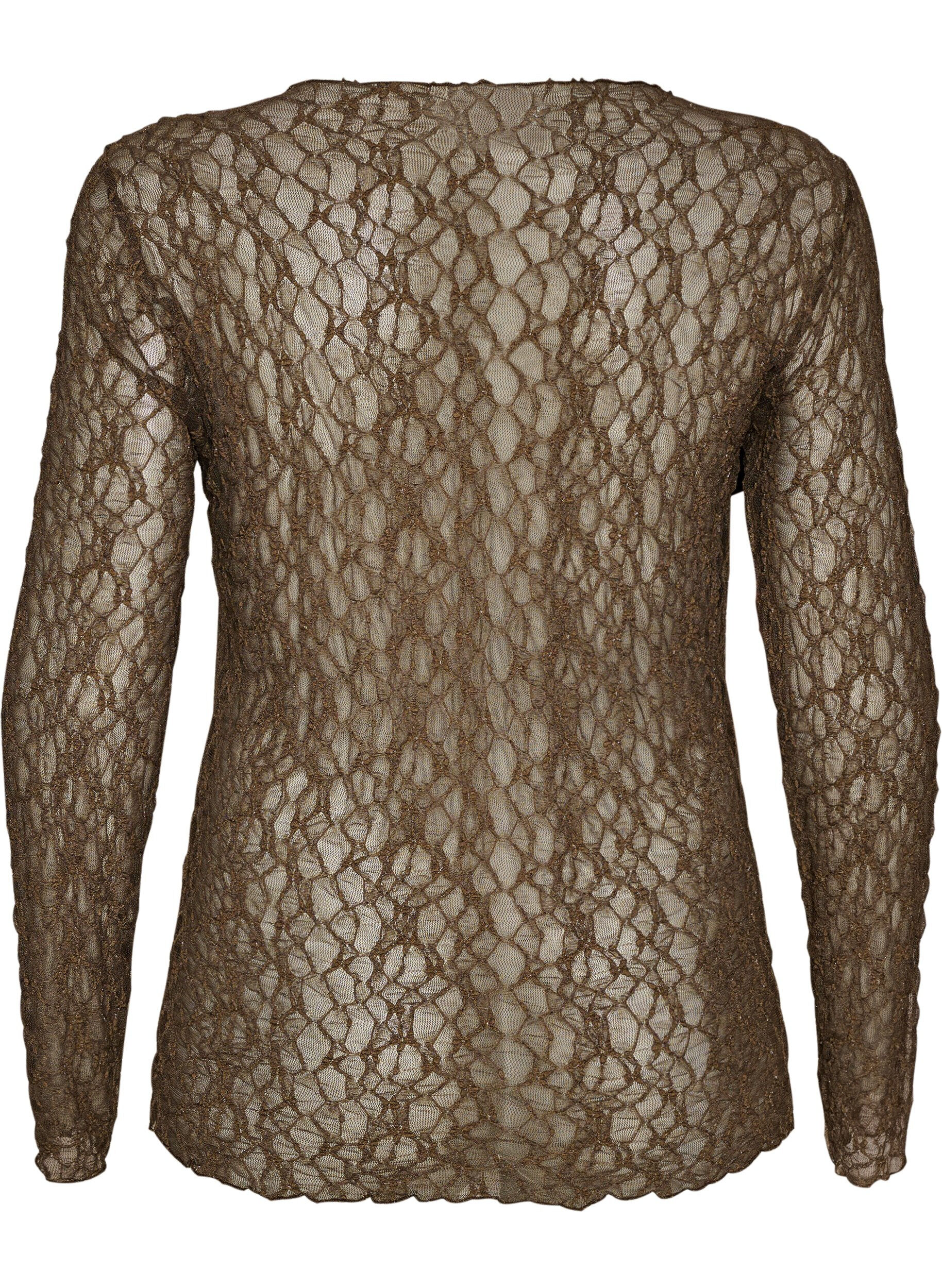ZizziMesh blouse met patroon en glittergaren, Bruin, Packshot image number 1