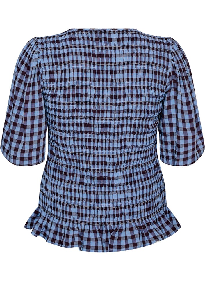 Blouse smock&eacute;e &agrave; carreaux vichy et ourlet &agrave; volants, Bleu, Packshot image number 1