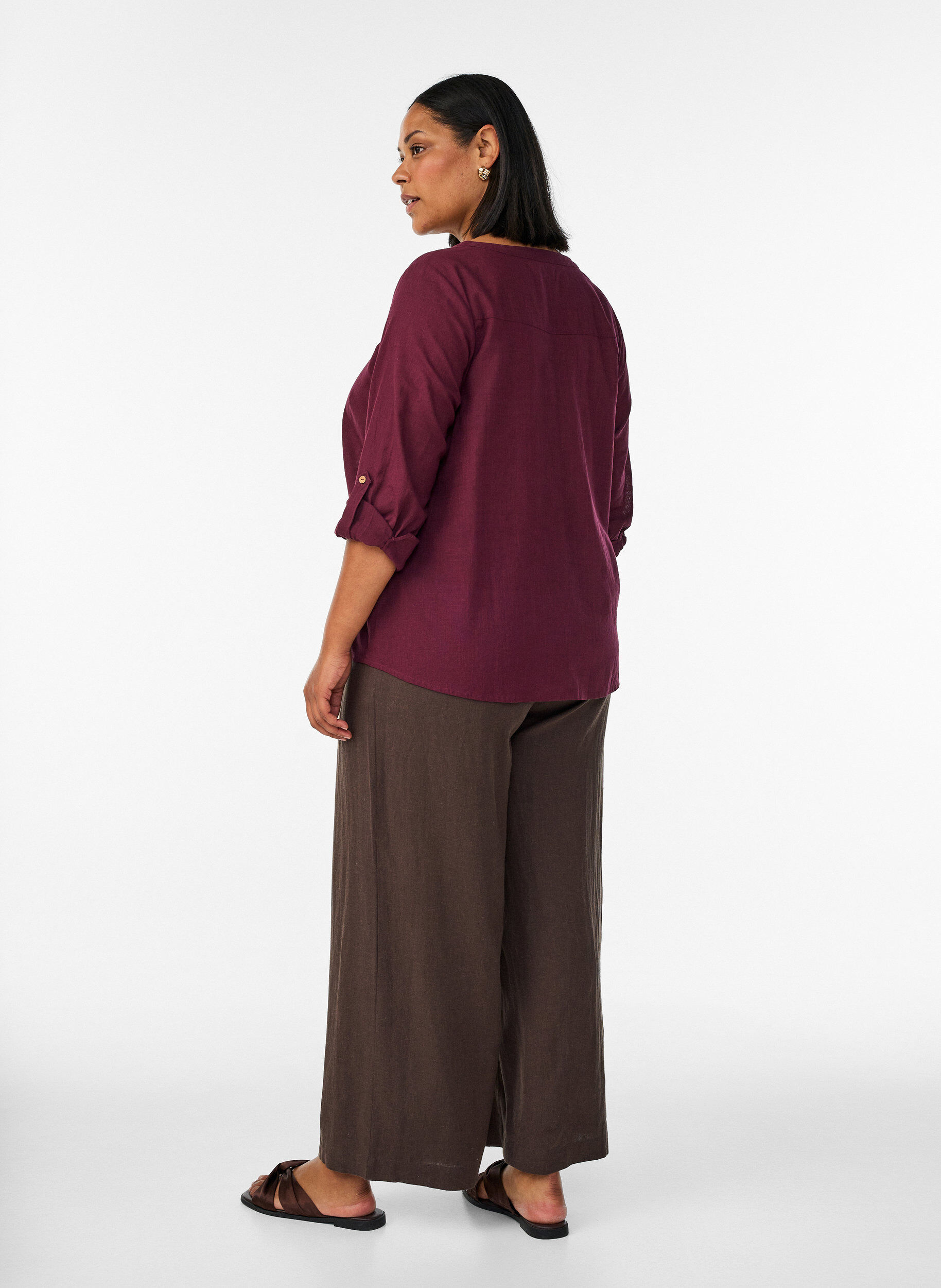 ZizziPantalon large en lin et viscose, Marron, Model image number 1