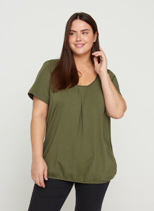 T-shirt à manches courtes avec col rond et bord en dentelle, Ivy Green, Model image number 0