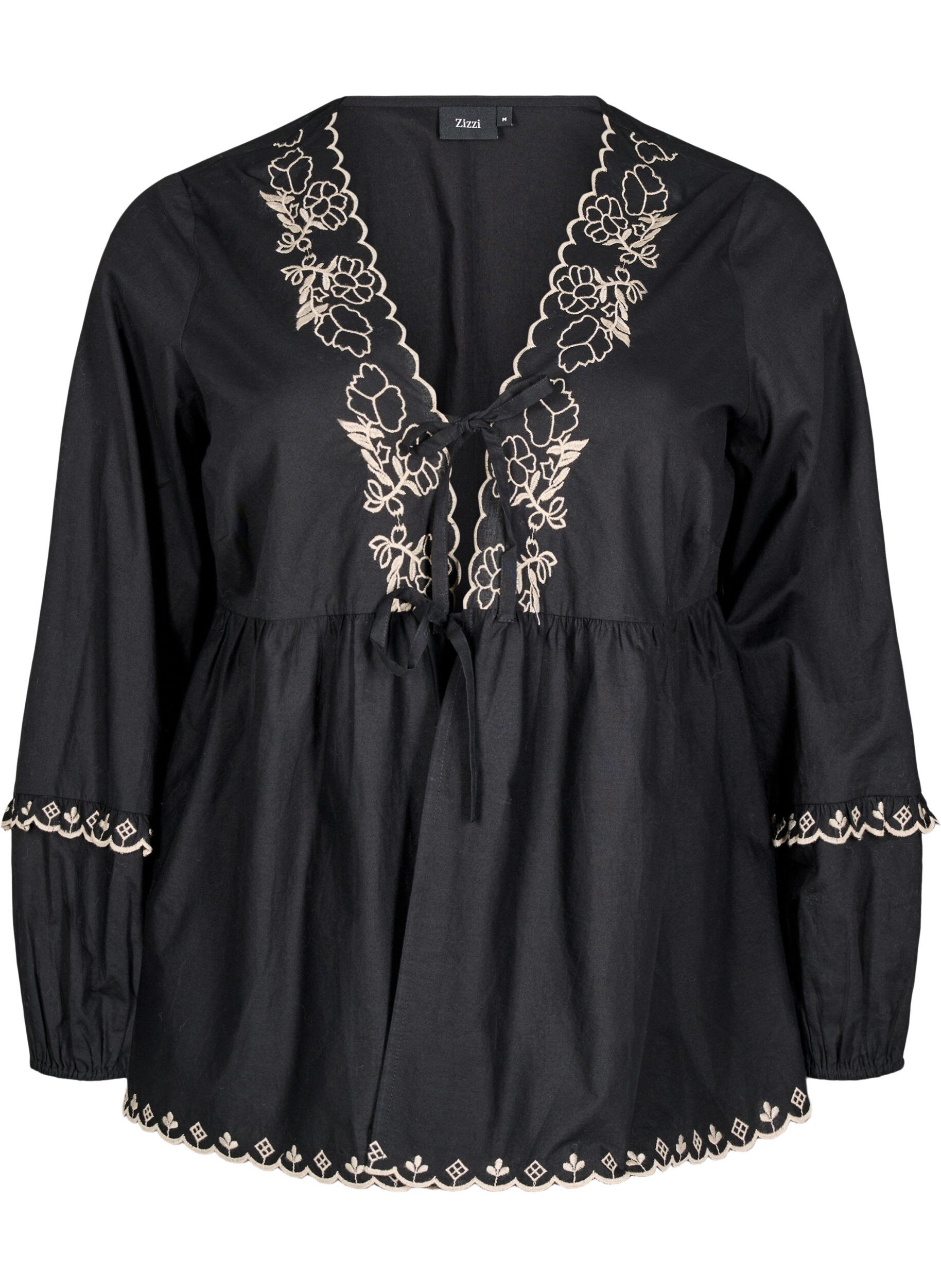 ZizziBlouse met open voorkant en geborduurde details, Zwart, Packshot image number 0