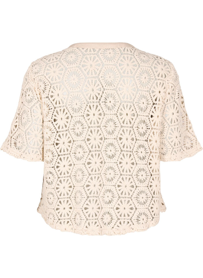 Cardigan met korte mouwen en haakwerk, Beige, Packshot image number 1