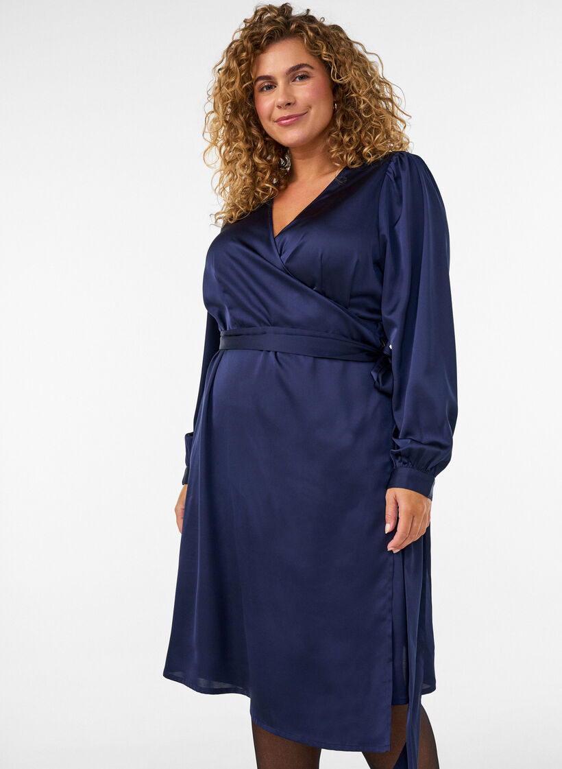 Robe courte en satin avec coupe portefeuille, Bleu, Model image number 0