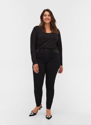 Super slim fit Amy jeans met elastiek in de taille, Black, Model image number 0