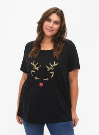 T-shirt de Noël à paillettes, Black W. Reindeer, Model