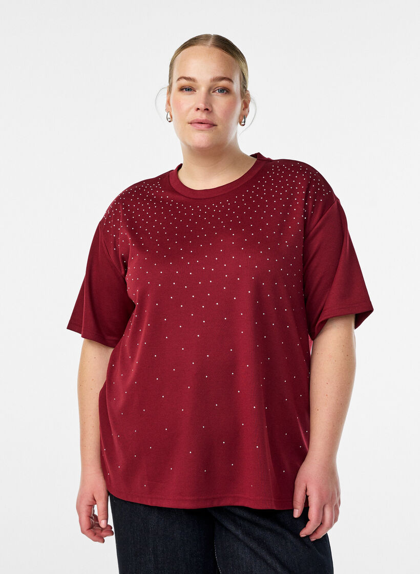 T-shirt met strass-steentjes en ronde hals, Donker Bordeaux, Model image number 0