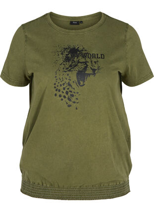 T-shirt met korte mouwen, acid wash en smokwerk, Ivy Green acid wash, Packshot image number 0