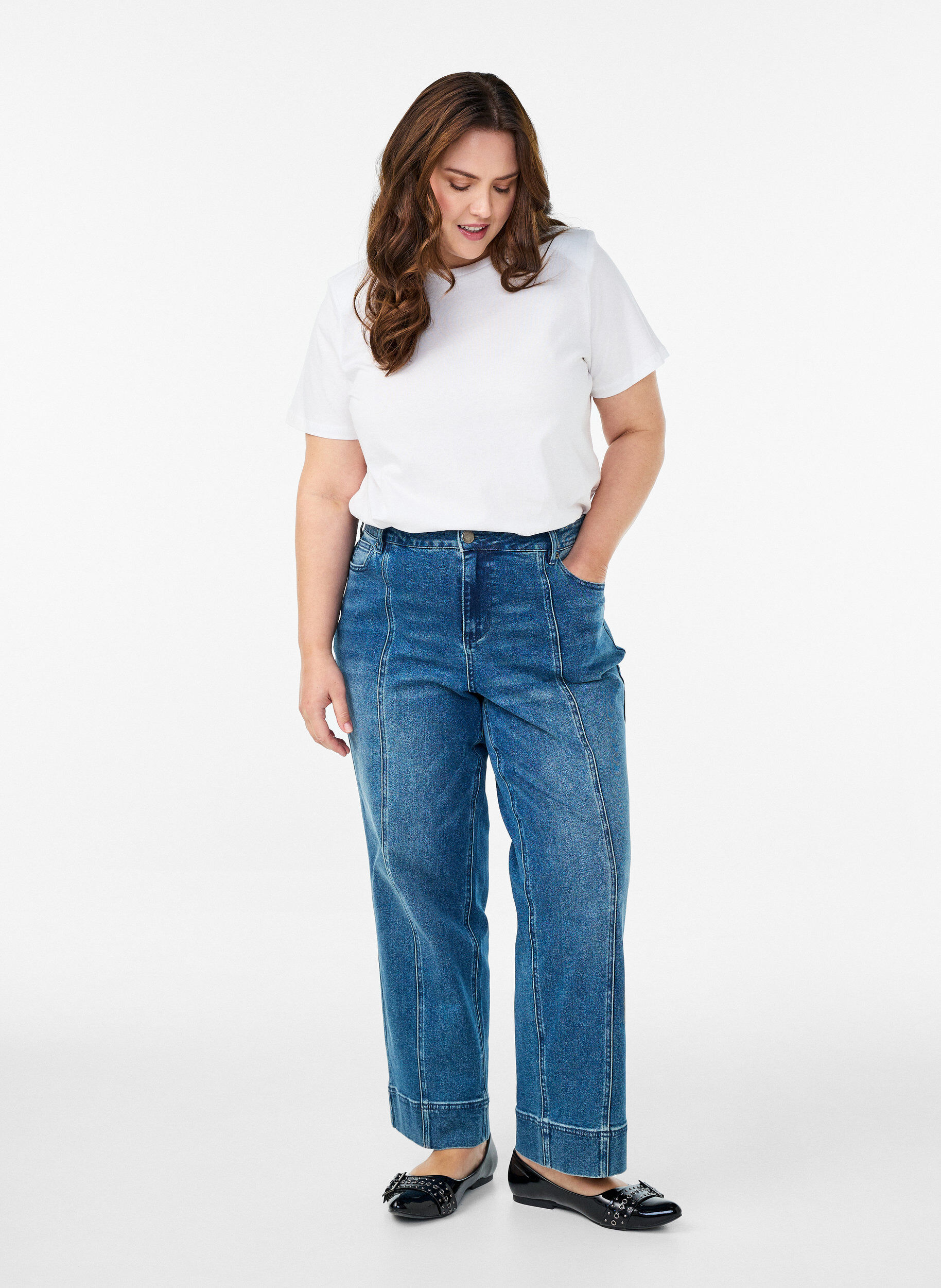 ZizziBasic katoenen T-shirt met schoudervullingen, Wit, Model image number 1