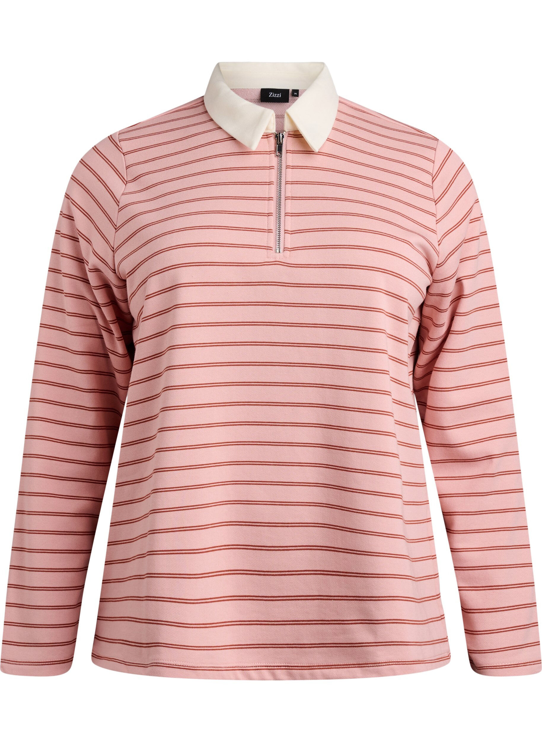 Zizzi Polo ray&eacute; avec fermeture &eacute;clair, Rose poudr&eacute;e, Packshot image number 0