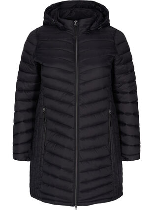 Gewatteerde lichte jas met afneembare capuchon en zakken, Black, Packshot image number 0