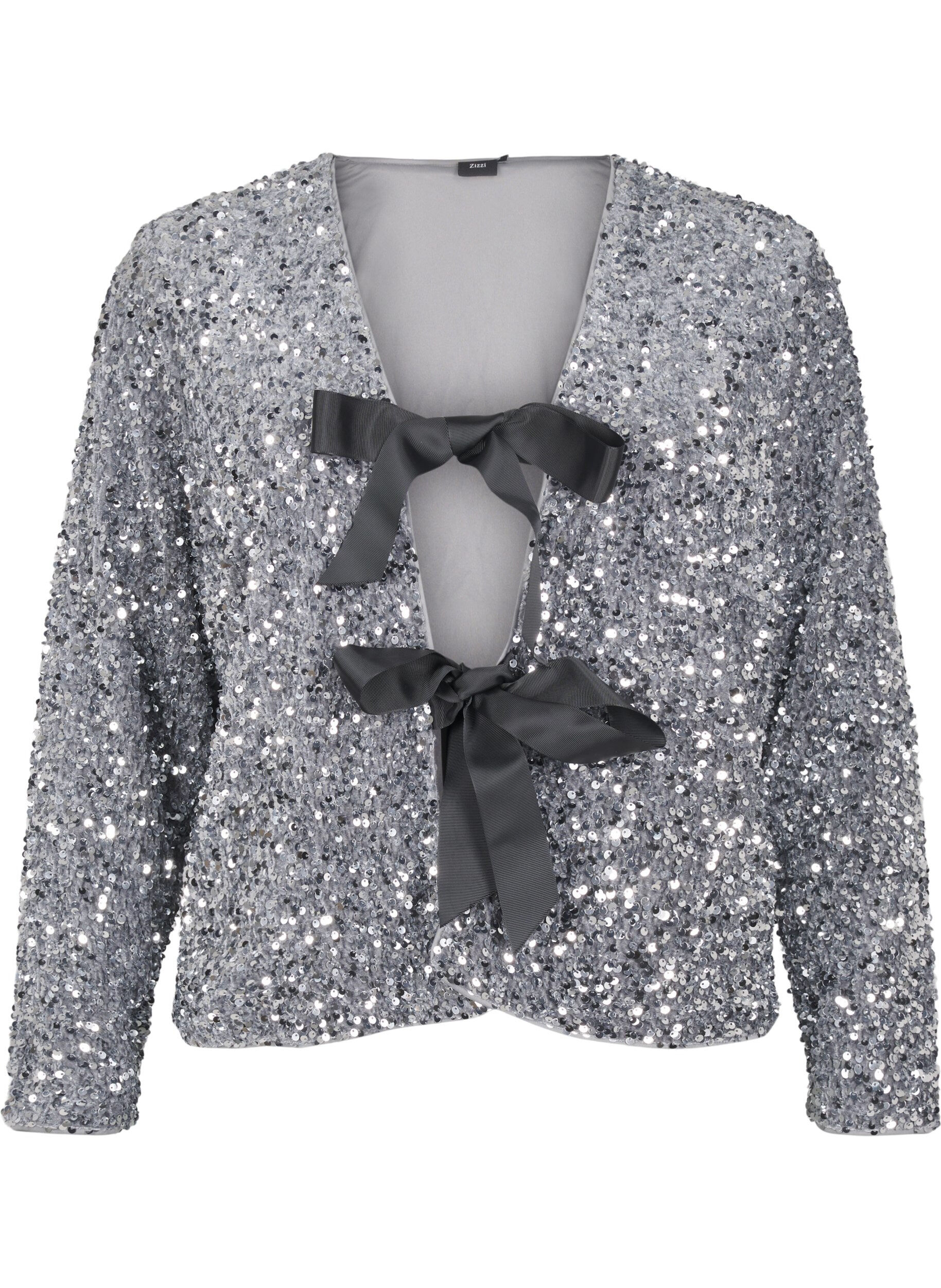 ZizziPailletten blouse met strikdetails, Silver, Packshot image number 0