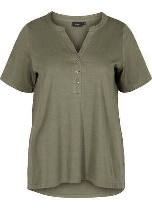 T-shirt en coton avec col en V et boutons, Thyme, Packshot image number 0