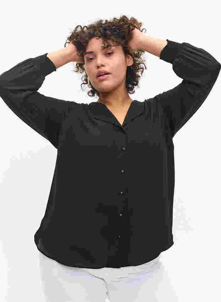 Chemise à col en V avec smock, Black, Model image number 2