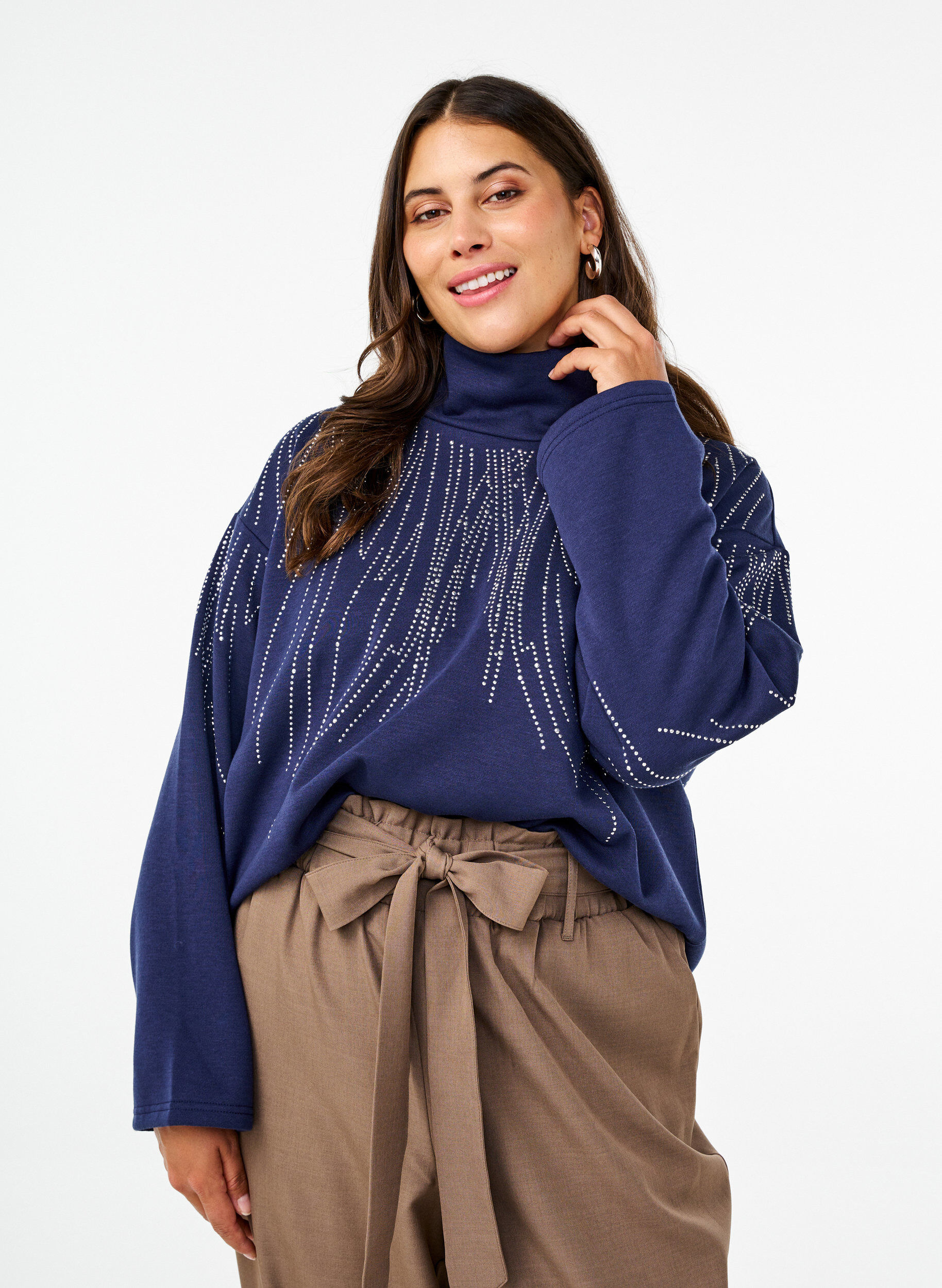 ZizziSweatshirt met een hoge hals en strass-steentjes, Naval Academy, Model image number 0