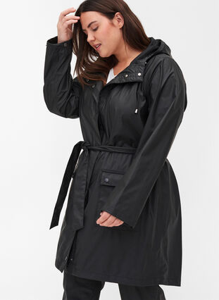 Veste de pluie avec ceinture et capuche, Black, Model image number 2