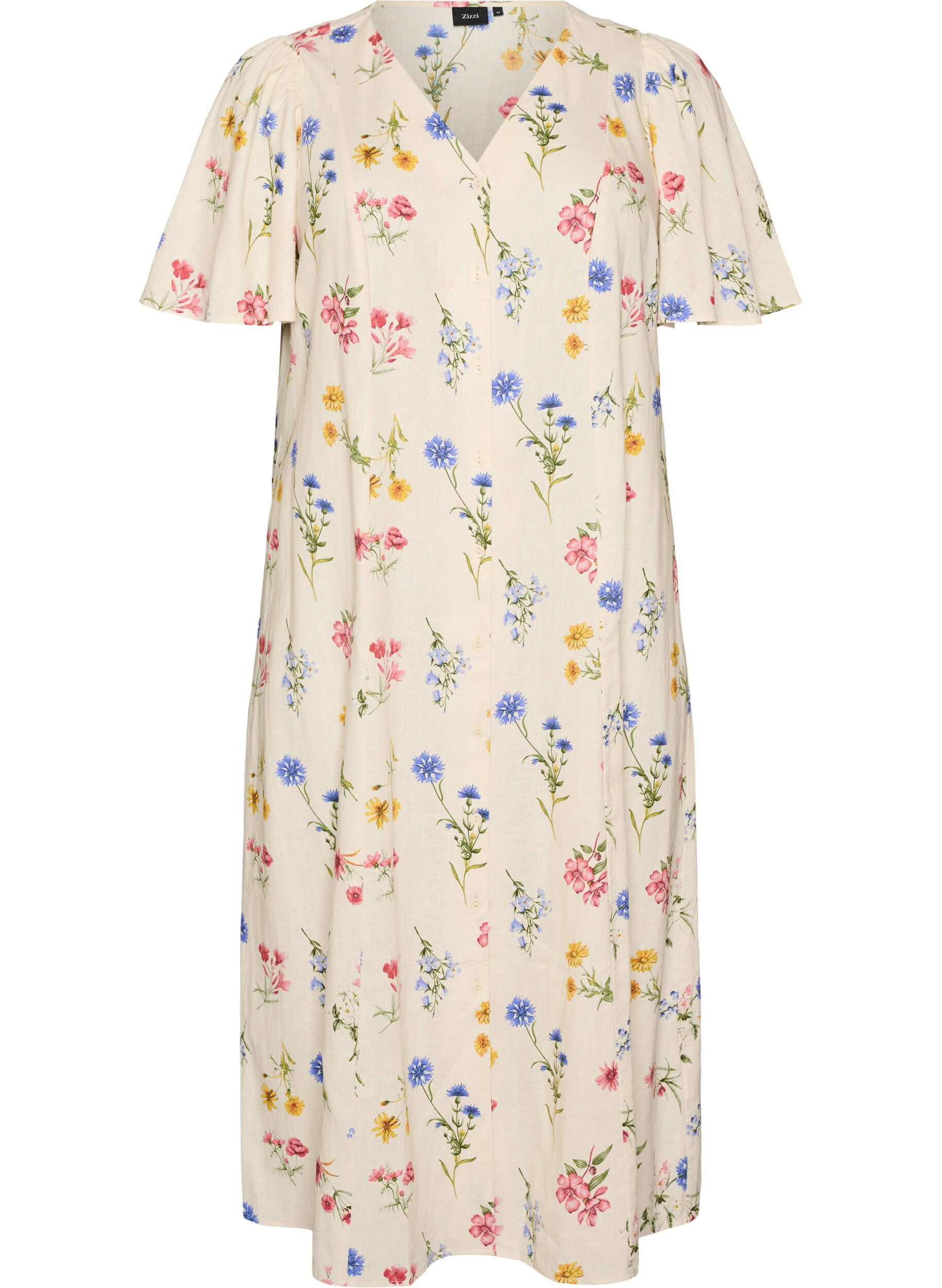 Robe midi en lin et viscose avec manches &agrave; volants