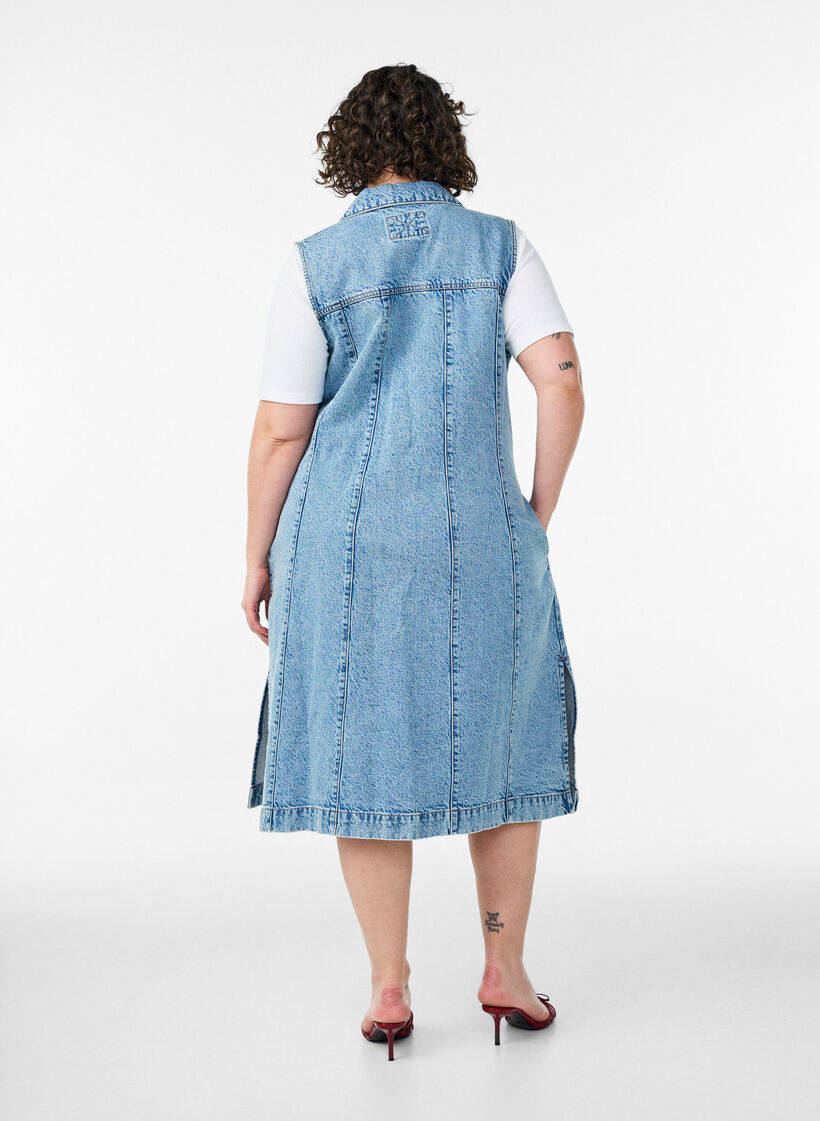 Mouwloze denimjurk met knoopsluiting en splitten, Blauw, Model image number 1