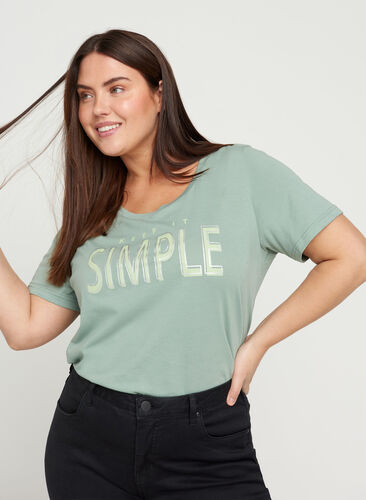 T-shirt en coton à manches courtes avec imprimé, Chinois Green SIMPLE, Model image number 0