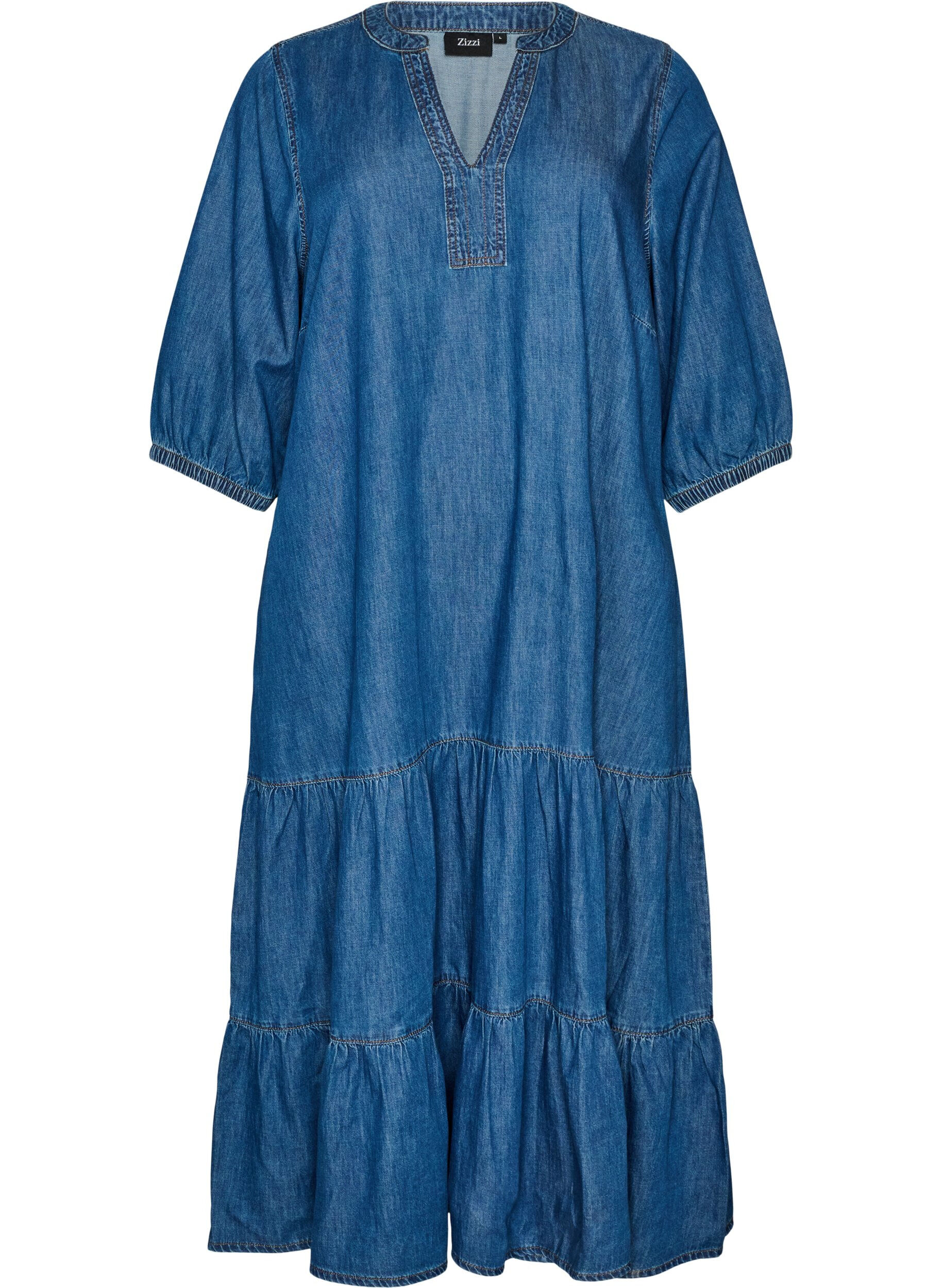 ZizziDenim maxi-jurk met gerimpelde lagen, Blauw, Packshot image number 0