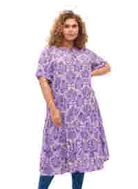 Viscose jurk met print en korte mouwen, D. Lavender Oriental, Model