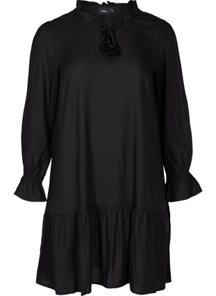 Viscose jurk met koordsluiting, Black, Packshot image number 0