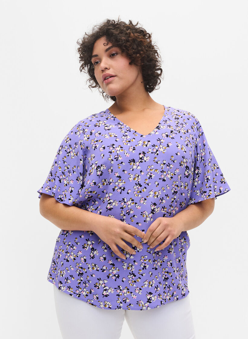 Blouse en viscose à fleurs avec détails dans le dos , Lilac Flower Print, Model image number 0