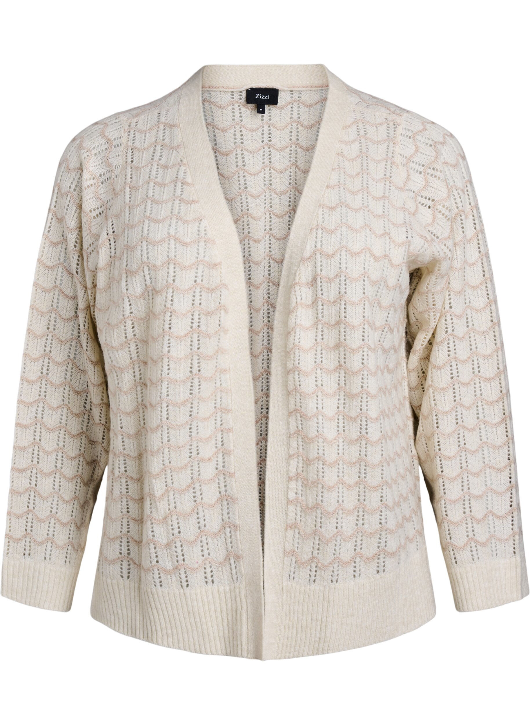 ZizziGebreide cardigan met een opengewerkt patroon en golvende lijnen, Birch w. Simply T., Packshot image number 0
