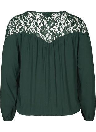 Viscose blouse met lange mouwen en kant, Darkest Spruce, Packshot image number 1