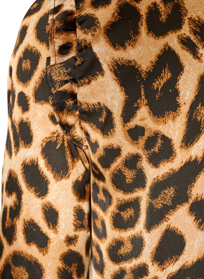 Jurk met luipaardprint en ruches, Bruin, Packshot