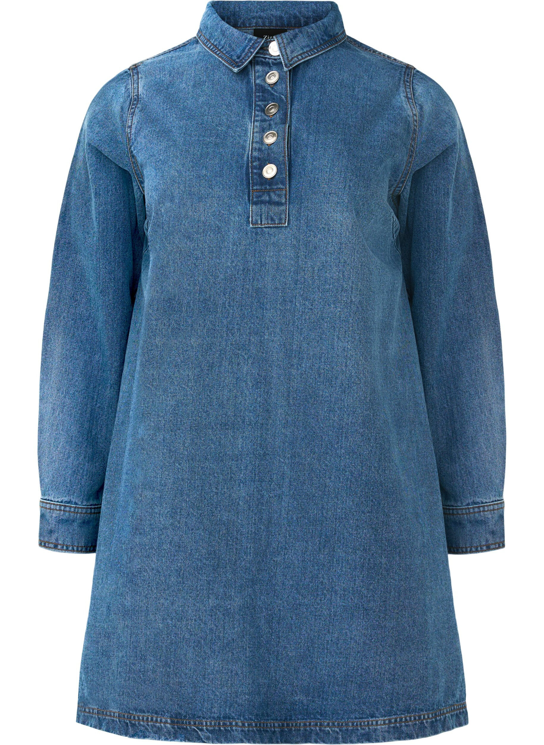 Zizzi Robe courte en denim, manches longues, forme trap&egrave;ze, Blue Denim, Packshot image number 0