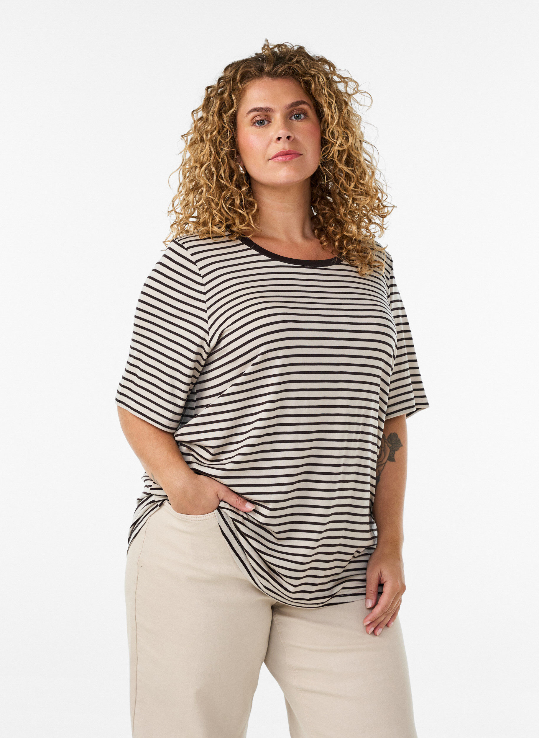 ZizziT-shirt en TENCEL&trade; Lyocell &agrave; rayures, Marron, Model image number 0