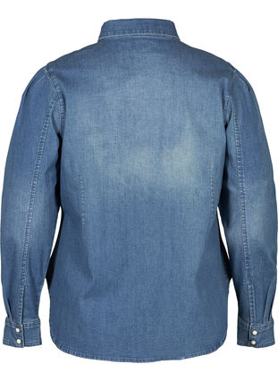 Denim blouse met pofmouwen, Blue denim, Packshot image number 1