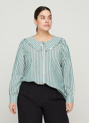 Gestreepte blouse in katoen, Green Stripe , Model image number 0