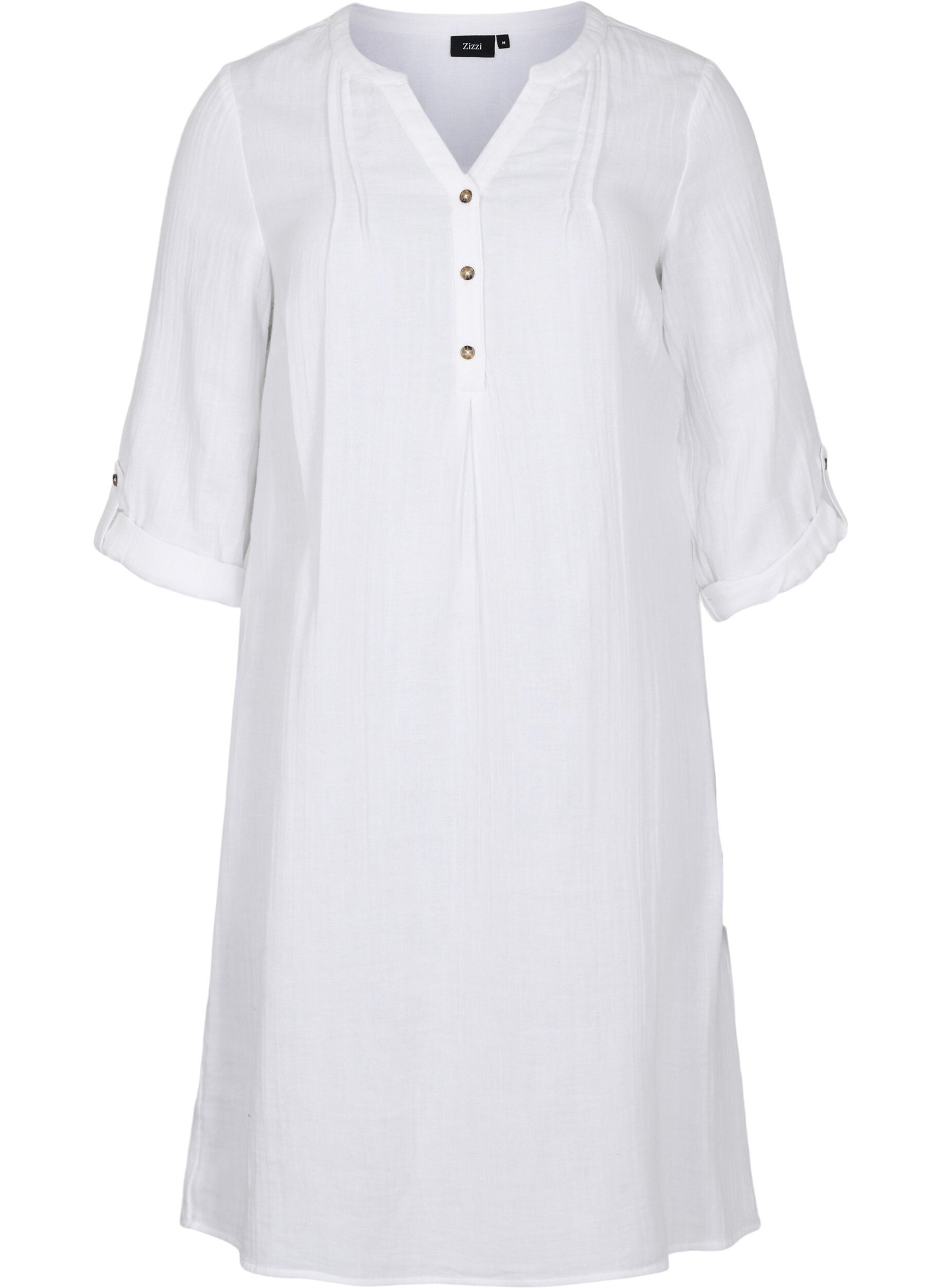 Zizzi Robe en coton &agrave; manches 3/4, Bright White, Packshot image number 0