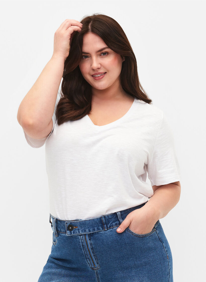 T-shirt basique à manches courtes avec col en V, Blanc, Model image number 0