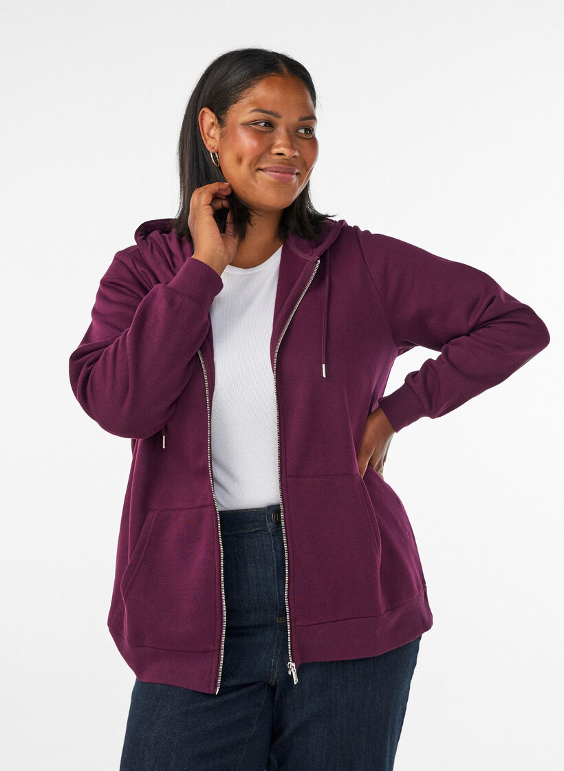 Sweatshirt met capuchon, ritssluiting en zakken, Paars, Model image number 0